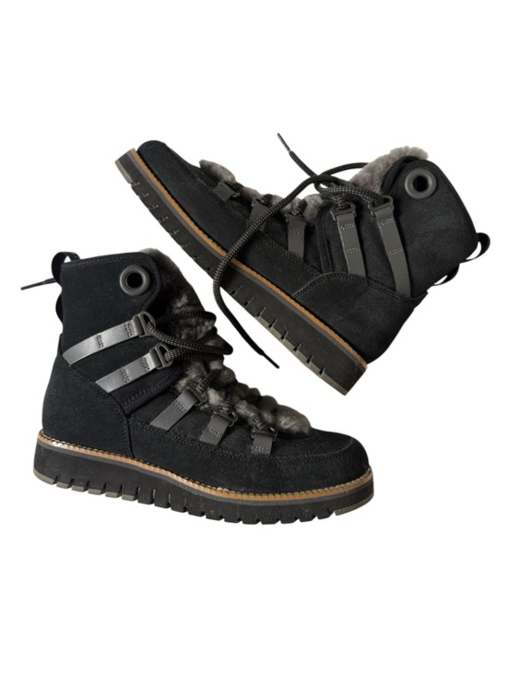 Cole Haan ZERØGRAND Luxe Hiker Boots Black Grey Fur Suede Women’s 6.5
